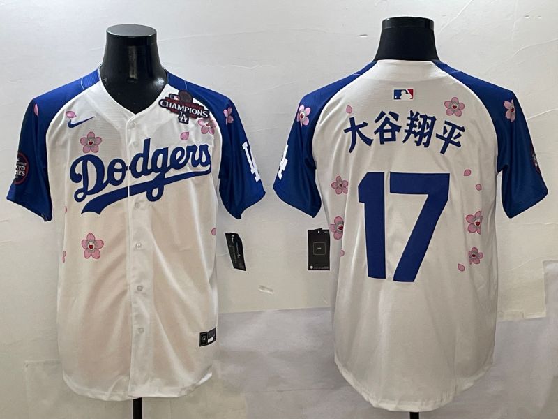 Men Los Angeles Dodgers #17 Ohtani White Blue Sakura Edition 2025 Nike MLB Jersey style 5